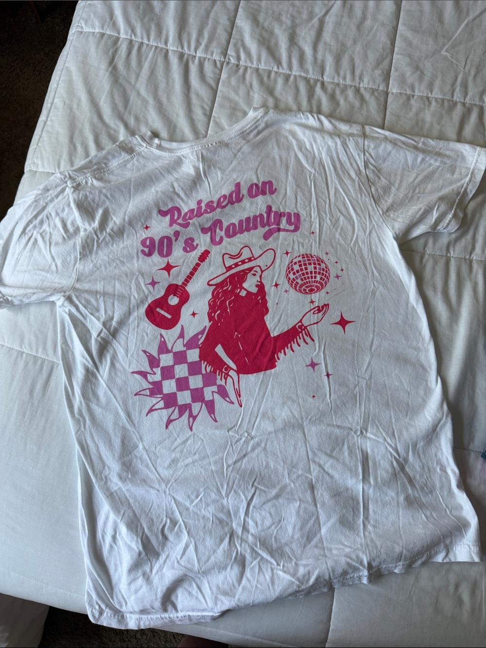 Women’s White Graphic Tee - Pink 'Raised on 90's Country' Design